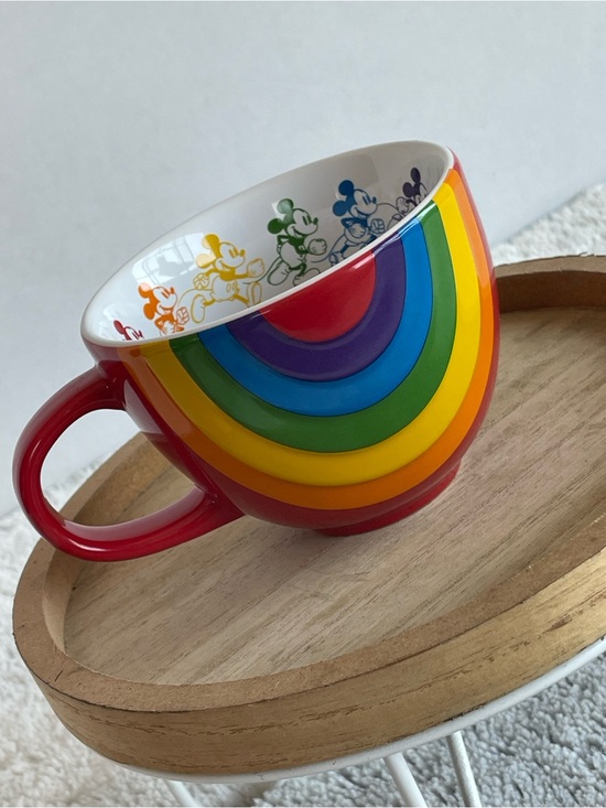 Disney Other - Disney Rainbow Mickey Mug - Red Exterior with Multicolor Stripes